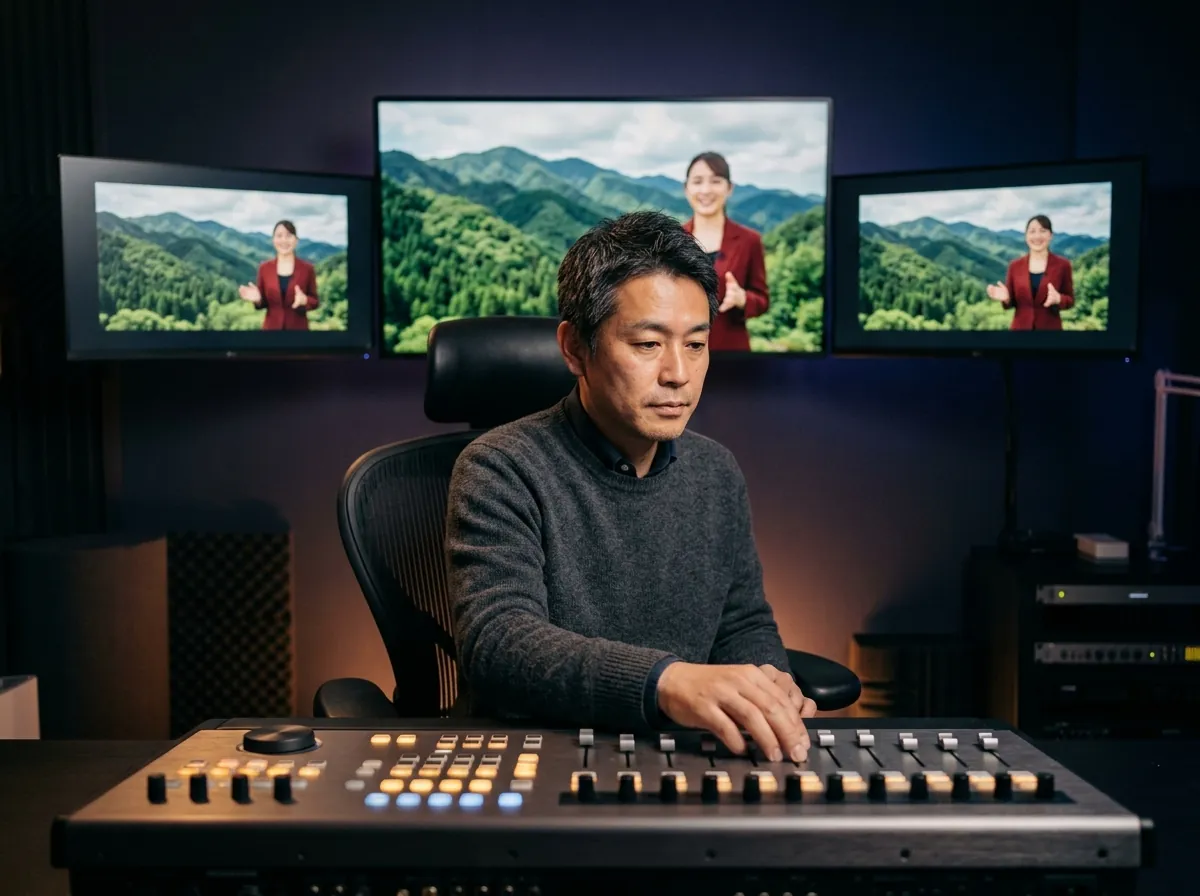 編集室で人が操作盤に手を置き、並んだ3つの画面に番組の映像が映る