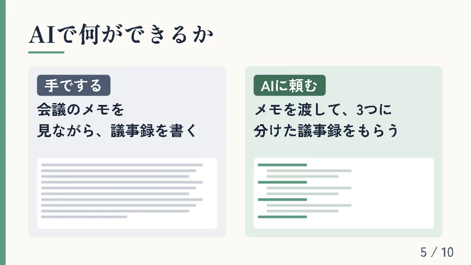 セミナーのスライドの見本。初めての方向けの表紙、目次、当日の時間割が前半と後半の2枚で出る。AIで何ができるか、Claude Code、.mdとスキルの説明が続く。その日に自分で使う練習、当日の持ち物、まとめで終わる