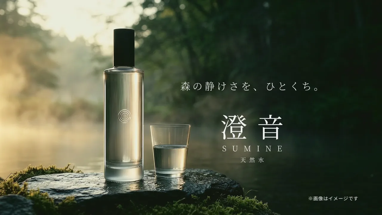 水のCM。夜明けの森の泉と、指先が水面に触れて広がる波紋が映る。女性がグラスで一口飲む横顔のあと、石の上の瓶と「森の静けさを、ひとくち。」の字が出る