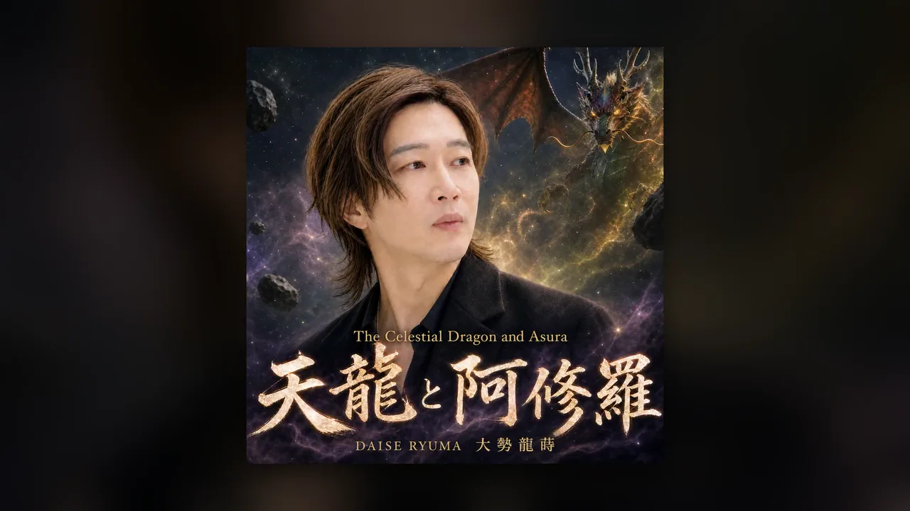 曲「天龍と阿修羅」の正方形のジャケット4案。宇宙と竜、紫の空と竜、赤と黒の地に大きな題字の2案に、大勢龍蒔さんの姿と曲名が入り、順に替わる